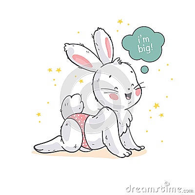 Vector flat illustration of cute little white baby bunny character crawling and smiling isolated. Vector Illustration